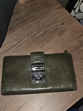 Michael Kors Olive Green Leather Wallet with Silver-Tone Lock Detail